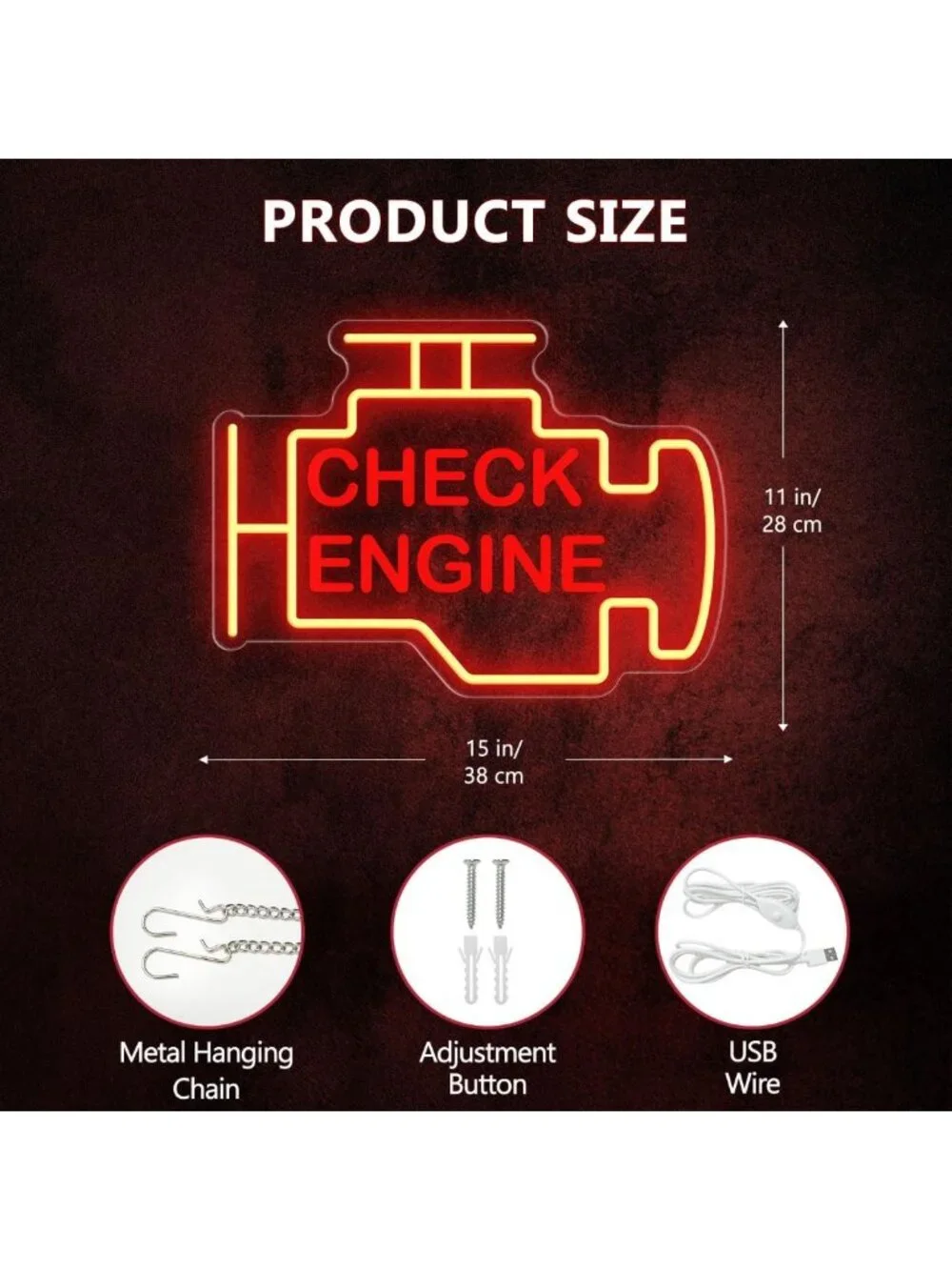 Dimmable LED Neon Sign - 15x11in Check Engine Light for Garage Wall Decor, USB